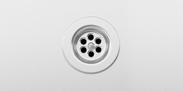 Stainless steel sink background with plug hole, top view. 3d illustration