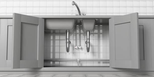 grifo para gabinetes de cocina con agua, fregadero de acero inoxidable y puertas abiertas, bajo vista. blanco azulejos pared de fondo. ilustración 3d - sink drain plumber domestic kitchen fotografías e imágenes de stock