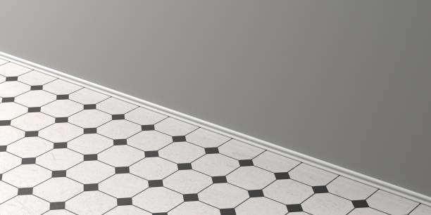 istock Vintage white and black ceramic tiles floor, grey wall and white skirting, perspective view, copy space. 3d illustration 1035403568
