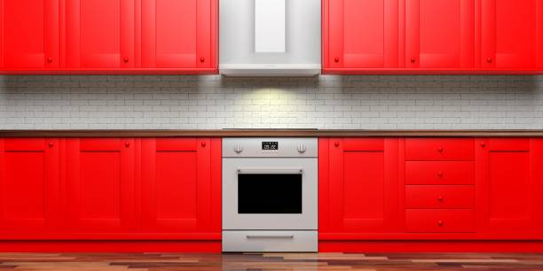 istock Kitchen cabinets and eletric oven, wooden floor, front view. 3d illustration 1035403580