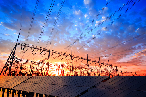Solar photovoltaic panels and substations in the evening, Solar photovoltaic power generation facility
