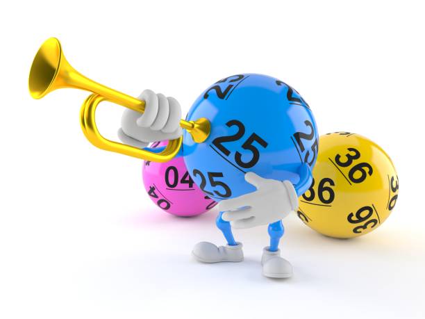 Lotto ball character playing the trumpet stock photo