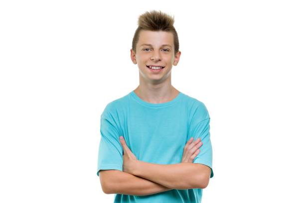 portrait of smiling teenager boy 14, 15 years old, white background isolated - years 13 14 years teenager old imagens e fotografias de stock