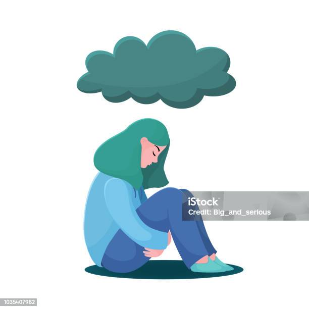 Malheureuse Jeune Fille Femme Assise Sous Les Nuages De Pluie Vecteurs libres de droits et plus d'images vectorielles de Tristesse