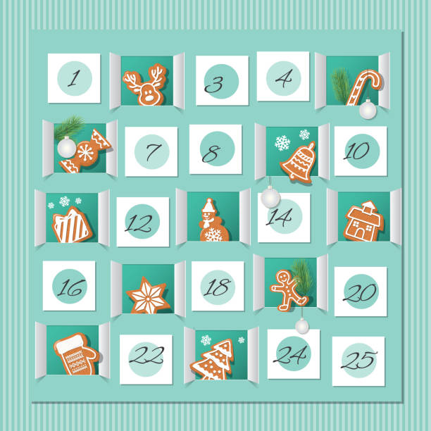 강림 절 달력, 장식된 wirh 진저 쿠키입니다. 크리스마스의 카운트 다운 벡터 - advent stock illustrations