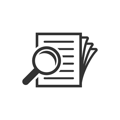 Scrutiny document plan icon in flat style. Review statement vector illustration on white isolated background. Document with magnifier loupe business concept.