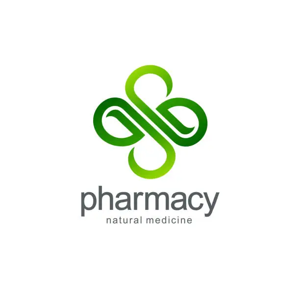 Vector illustration of Vector emblem for  pharmacy. Green cross from the leaves.