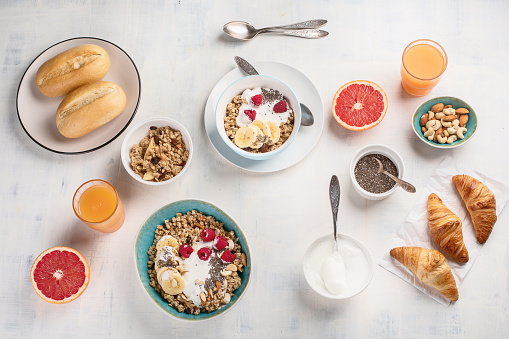 Breakfast table. Healthy breakfast ingredients. Top view