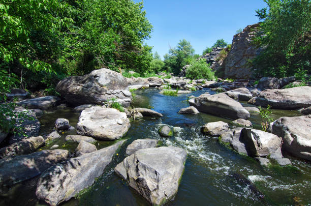 istock Beautiful river view with stone boulders and green trees 1035424440