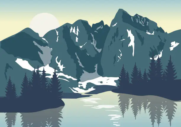 Vector illustration of Beautiful sunrise at mountain lake. Vector landscape with pine trees, water and rocky mountains.