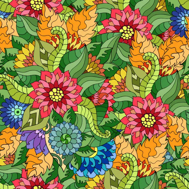 Vector illustration of Vector seamless texture with abstract flowers and leaves.
