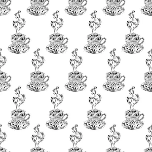 Vector illustration of Hand drawn cup of coffee or cup of tea seamless pattern.