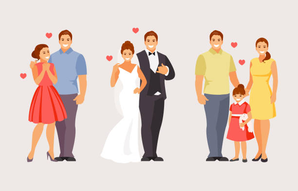 illustrazioni stock, clip art, cartoni animati e icone di tendenza di fasi della creazione di una famiglia - wedding groom bride two parent family