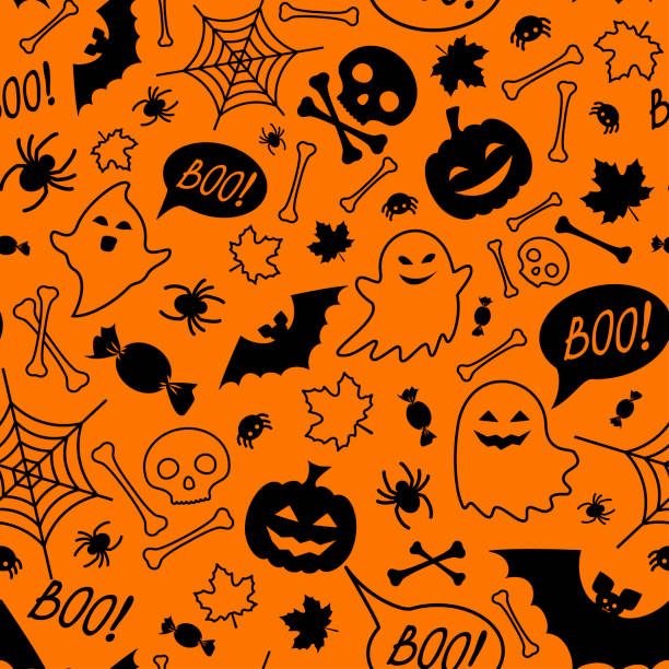 halloween-festliche musterdesign. orangefarbenen endlosen hintergrund mit kürbissen, schädel, fledermäuse, spinnen, gespenster, knochen, bonbons, spider web und rede blase mit boo - patterned halloween background stock-grafiken, -clipart, -cartoons und -symbole