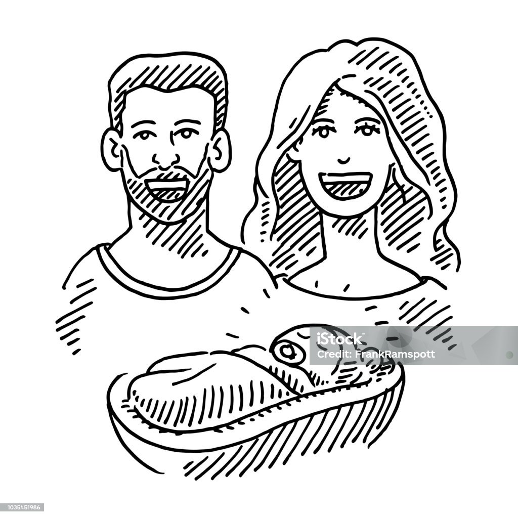 Happy Couple And Newborn Baby Drawing Hand-drawn vector drawing of a Happy Couple And their Newborn Baby. Black-and-White sketch on a transparent background (.eps-file). Included files are EPS (v10) and Hi-Res JPG. Baby - Human Age stock vector