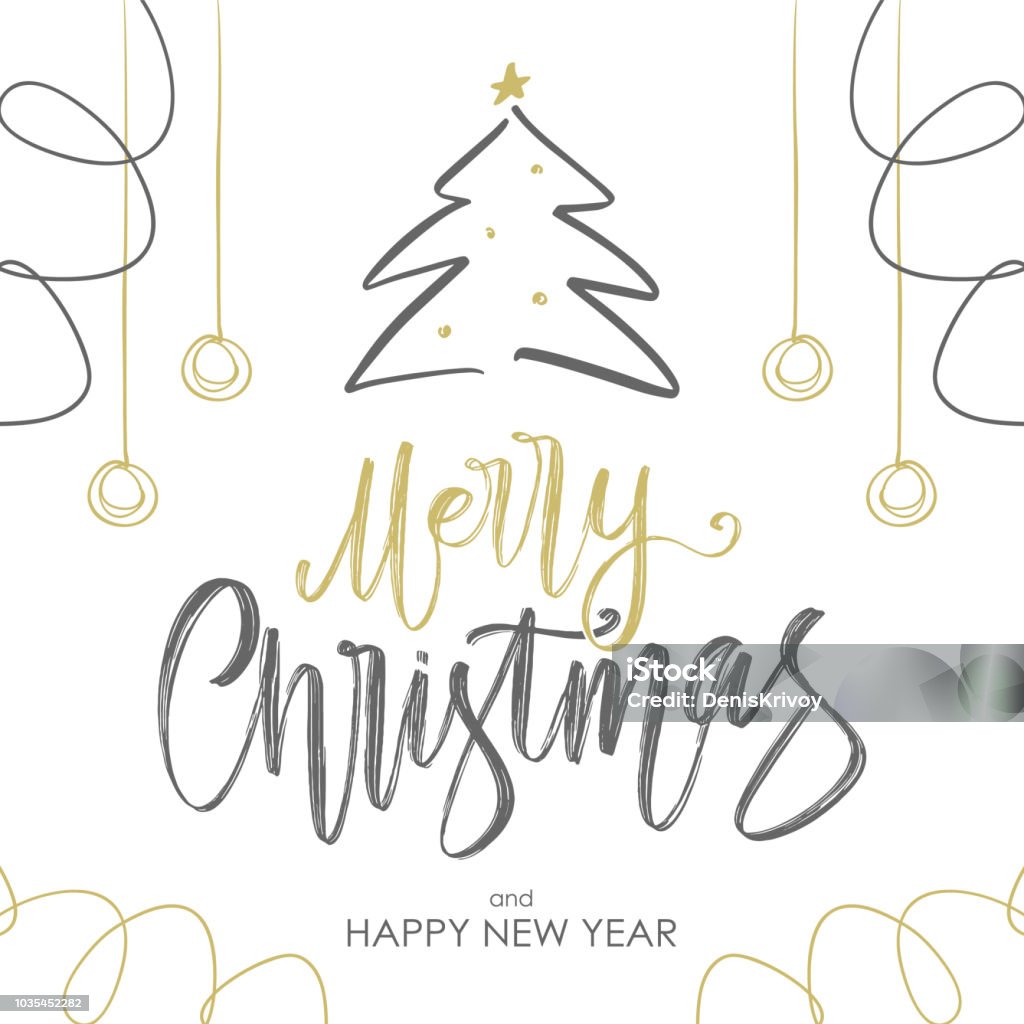 Handwritten golden brush lettering of Merry Christmas with Christmas tree and decoration on white background. Vector illustration: Handwritten golden brush lettering of Merry Christmas with Christmas tree and decoration on white background. Christmas stock vector
