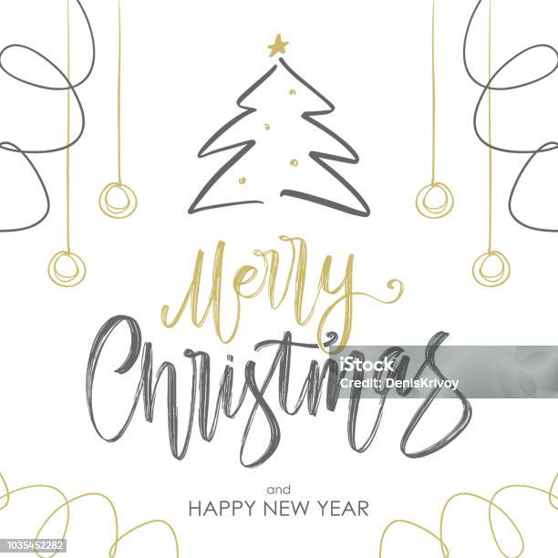 Handwritten Golden Brush Lettering Of Merry Christmas With Christmas Tree And Decoration On White Background Stock Illustration - Download Image Now