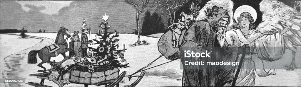 Santa Claus with angel pulls sledges with Christmas presents - 1895 Santa Claus stock illustration