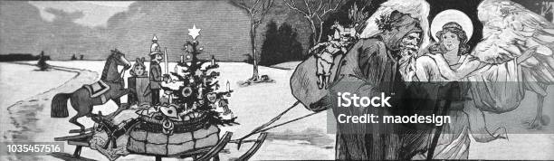 Santa Claus With Angel Pulls Sledges With Christmas Presents 1895 Stock Illustration - Download Image Now