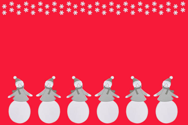 Six snowmen and snowflakes against a red background