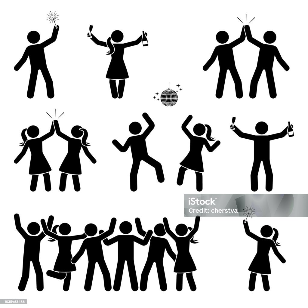 Stick figure celebrating people icon set. Happy men and women dancing, jumping, hands up pictogram Icon Symbol stock vector