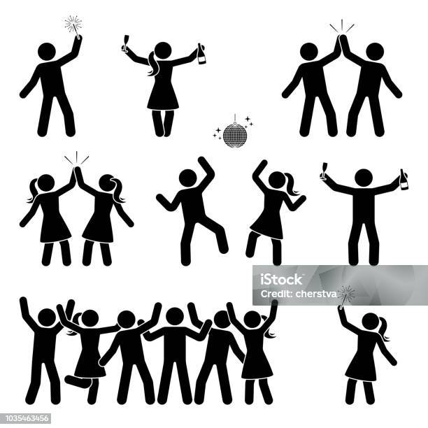 Stick Figure Celebrating People Icon Set Happy Men And Women Dancing Jumping Hands Up Pictogram Stock Illustration - Download Image Now