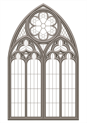 Realistic Gothic medieval stained glass window and stone arch with a shadow. Transparent shadow. Background or texture. Architectural element