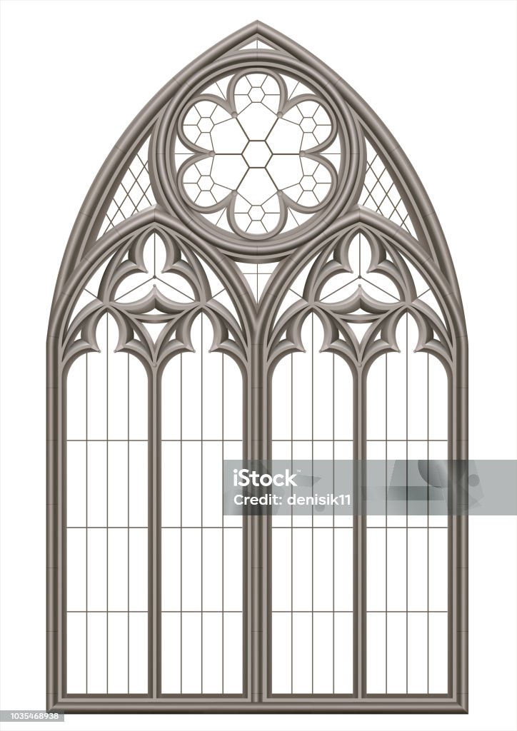 Medieval Gothic stained glass window Realistic Gothic medieval stained glass window and stone arch with a shadow. Transparent shadow. Background or texture. Architectural element Window stock vector