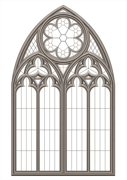 Medieval Gothic stained glass window Realistic Gothic medieval stained glass window and stone arch with a shadow. Transparent shadow. Background or texture. Architectural element medieval architecture stock illustrations