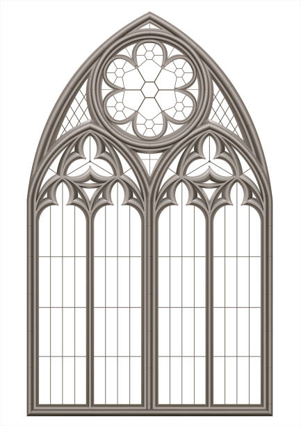 Medieval Gothic stained glass window Realistic Gothic medieval stained glass window and stone arch with a shadow. Transparent shadow. Background or texture. Architectural element turret arch stock illustrations