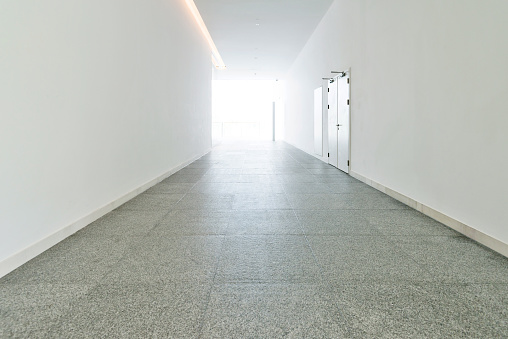 Long corridor in office building.