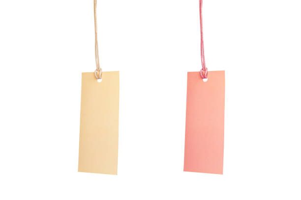 collection brown and pink blank cardboard price tags, label notes on white background. - label price tag price blank imagens e fotografias de stock