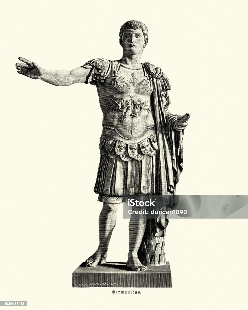 Ancient Rome, Statue of Germanicus Vintage engraving of Germanicus a member of the Julio-Claudian dynasty and a prominent general of the Roman Empire, who was known for his campaigns in Germania. Roman Centurion stock illustration