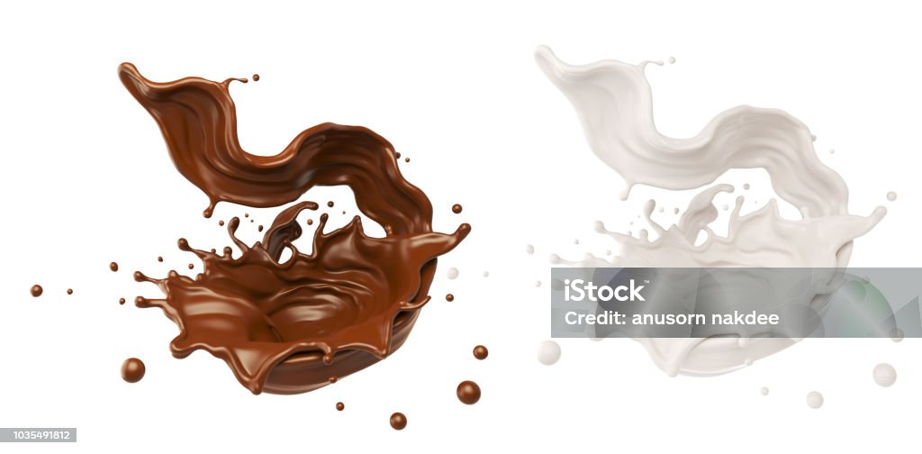 Chocolate or Cocoa and Milk splash. Chocolate or Cocoa and Milk splash isolated on white background Include clipping path, 3d illustration. Splashing Stock Photo