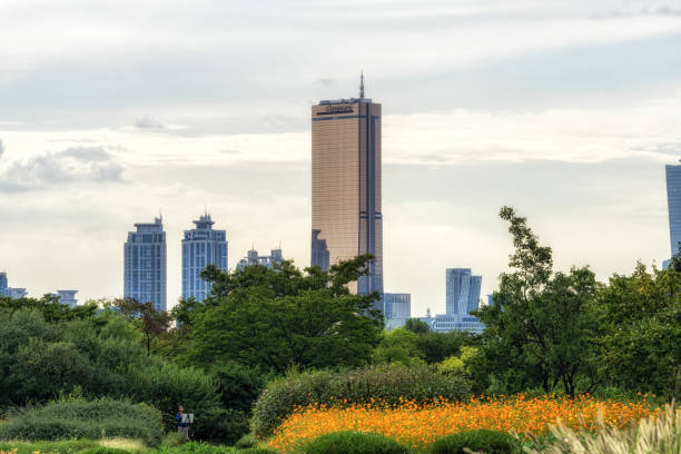 63 building and yeouido viewed from Ichon Hangang Park in Seoul, South Korea. Taken in September 11 2018.