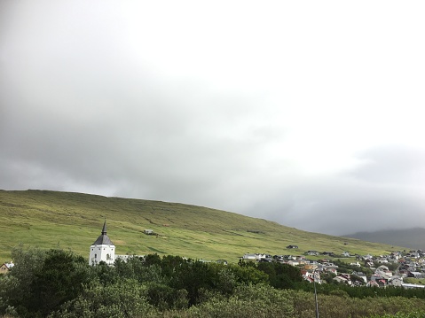The ancient church of the village of Midvágur, Vágar, Faroe Islands.