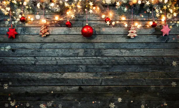 Decorative Christmas rustic background with wooden planks. Free space for text.