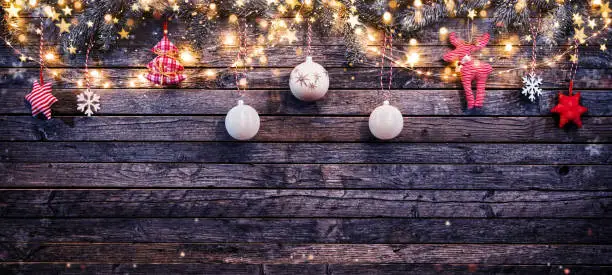 Decorative Christmas rustic background with wooden planks. Free space for text.