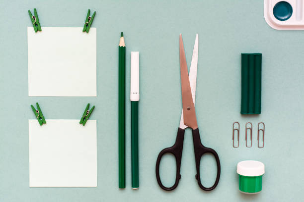 istock Stationery - sheets for notes clipped, pencil, felt-tip pen, scissors, gouache, plasticine and watercolor on a green background 1035505168
