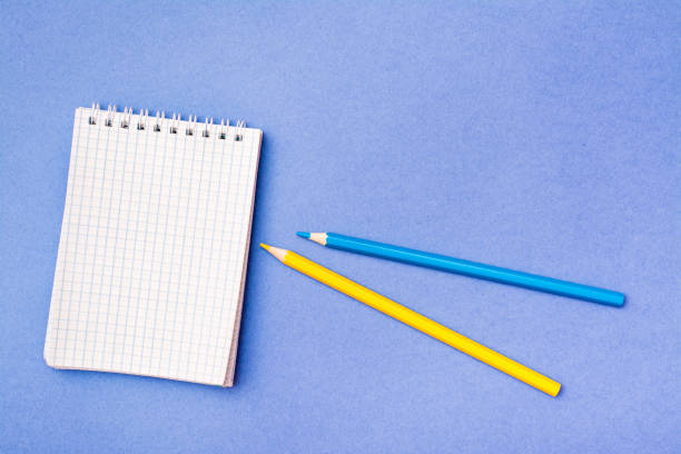 istock Open notepad in a cage on a spiral, yellow and blue pencils on a blue background 1035505442