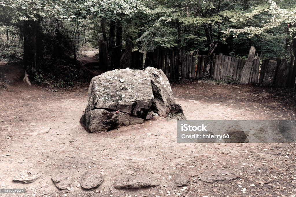 Tomb of Merlin in Broceliande Forest - Paimpont Forest - Brittany - France Merlin The Wizard Stock Photo