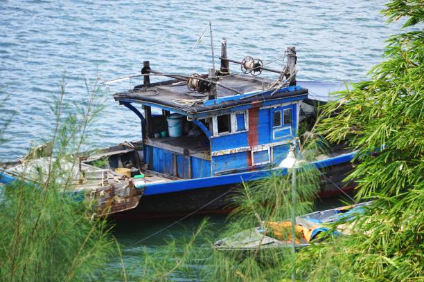 vintage antica barca da pesca in legno su un fiume in vietnam - scow foto e immagini stock