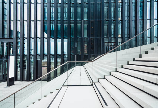 empty stairs and modern architecture at media harbor in duesseldorf, germany.