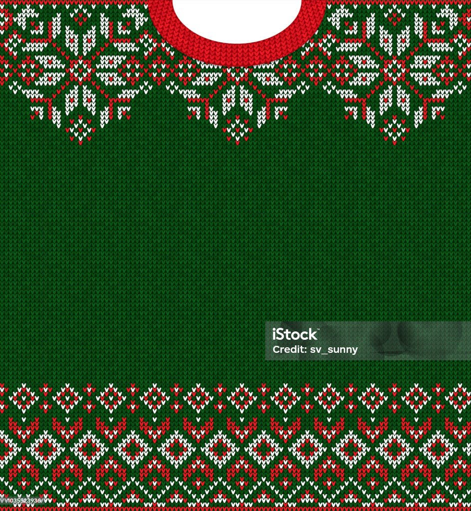 Merry Christmas Happy New Year greeting card frame knitted pattern Ugly sweater Merry Christmas and Happy New Year greeting card frame border knitted pattern. Vector illustration knitted background pattern with folk style scandinavian ornaments. White, red, green colors. Sweater stock vector