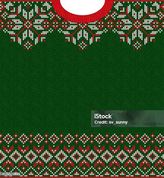 Merry Christmas Happy New Year Greeting Card Frame Knitted Pattern Stock Illustration - Download Image Now
