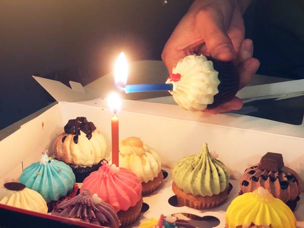 istock Cute cupcakes and candle birthday wish 1035526374