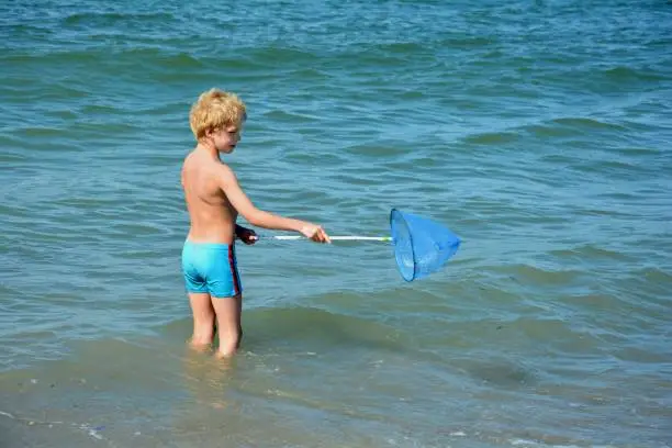 Small blond boy stands  with fishing-net  in the sea water