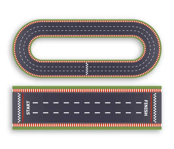 Vector illustration of Kart race background. Top view. Line asphalt and circular track roads. Finish and start lines. Vector illustration.