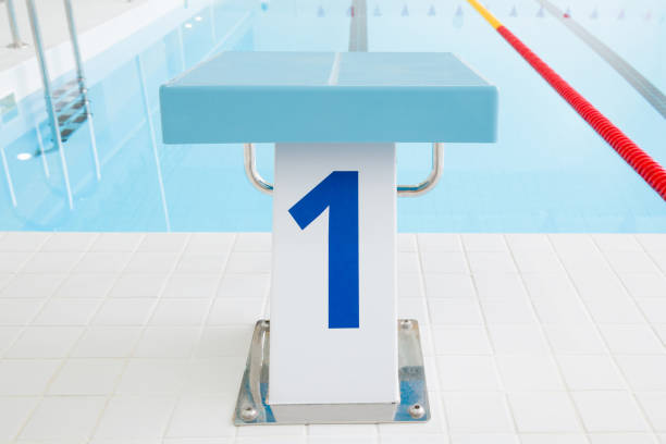 istock Swimming pool with starting block. Sport facility. Front view. Close up. 1035535688
