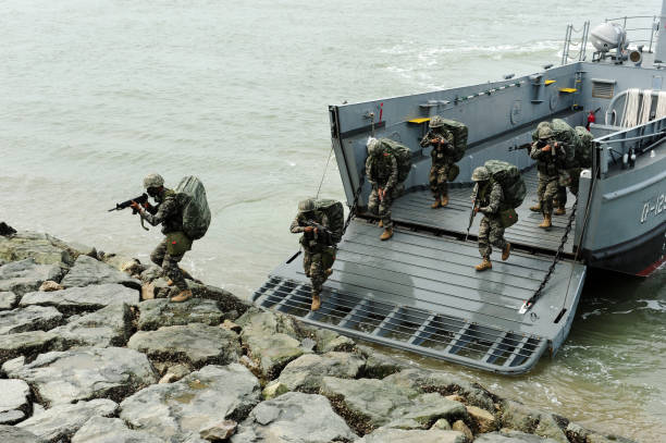 Korean Navy and Marine Corps is reenacting the Incheon Landing Operation stock photo